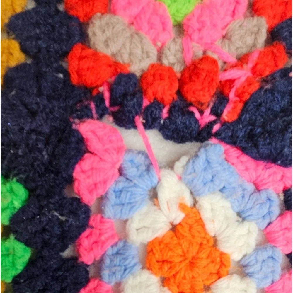 Crochet Granny Square Blanket 48x46 Navy Neon Boho Handmade Throw